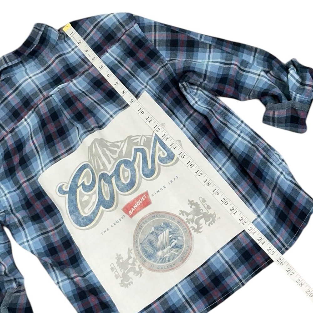 Coors Beer Upcycled T Shirt Flannel Top Beach Alcohol Theme - Picture 6 of 7